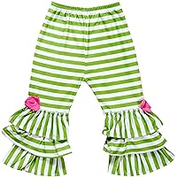 Baby Toddler Little Girls Boutique Knit Ankle Length Tiered Ruffle Pants Leggings Bottoms with Bows Stripes Colors