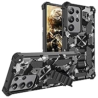 CCSmall Camouflage Case for Samsung Galaxy S24 Ultra with Metal Kickstand, Camo Phone Cover Built-in 360° Rotate Ring Stand Case for Samsung Galaxy S24 Ultra MC Black