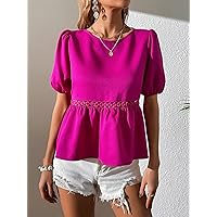 Women's Tops Women's Shirts Sexy Tops for Women Puff Sleeve Guipure Lace Insert Peplum Blouse (Color : Hot Pink, Size : X-Small)