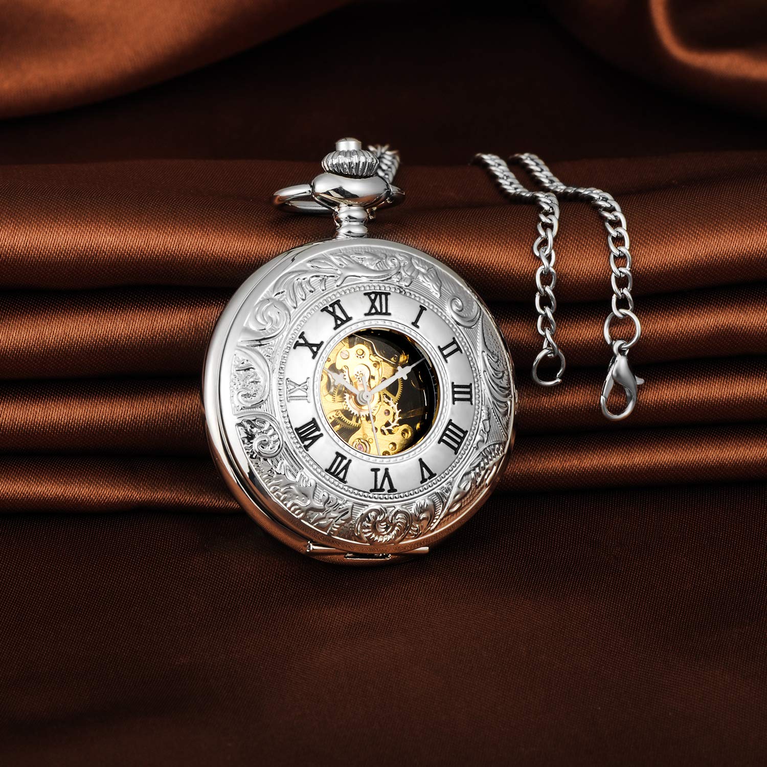 Unendlich U Classic Black Roman Hollow Retro Pocket Watch Mechanical Pocket Watch with 2 Chain