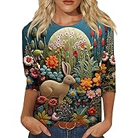 Easter Shirts for Women,3/4 Length Sleeve Womens Tops 3D Simulated Rabbit Print Round Neck Shirt Going Out Tops for Women