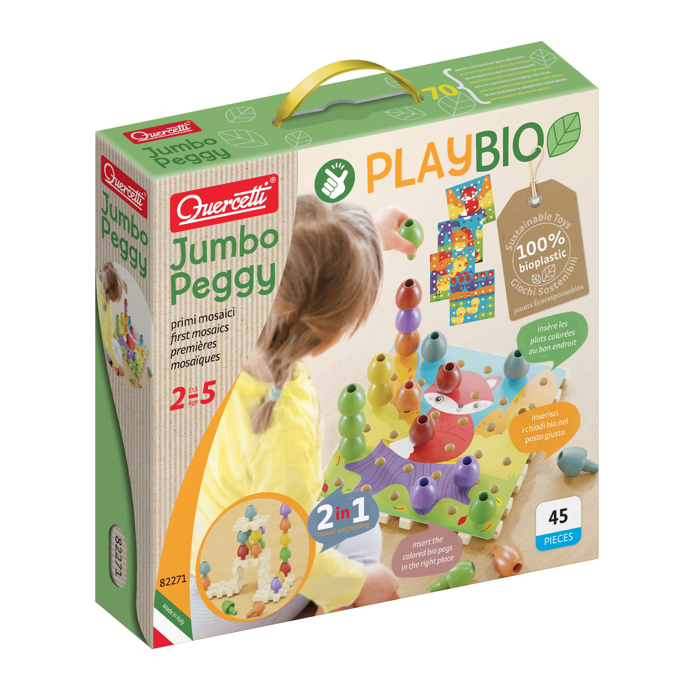 Quercetti PlayBio Jumbo Peggy Stacking Toy - 45 Piece Set Includes 36 Large Pegs in Natural Colors and 9 Interlocking Plates, for Kids Ages 2-5 Years, Multicolor
