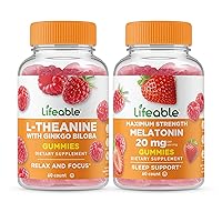 Lifeable L Theanine with Ginkgo Biloba + Melatonin 20mg, Gummies Bundle - Great Tasting, Vitamin Supplement, Gluten Free, GMO Free, Chewable Gummy