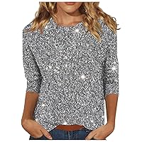Women's 3/4 Sleeve T-Shirts 2024 Trendy Casual Summer Tops Round Neck Sparkly Print Blouses Pullover Tees Loose Fit Tunic