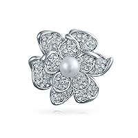 Large Fashion Statement Sparkling Party Rose Flower Shape Open Pave Crystal Wedding Brooch Scarf Pin For Women Silver Tone Rhodium Plated