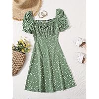 Women's Dress Polka Dot Ruched Bust Dress (Color : Green, Size : Small)