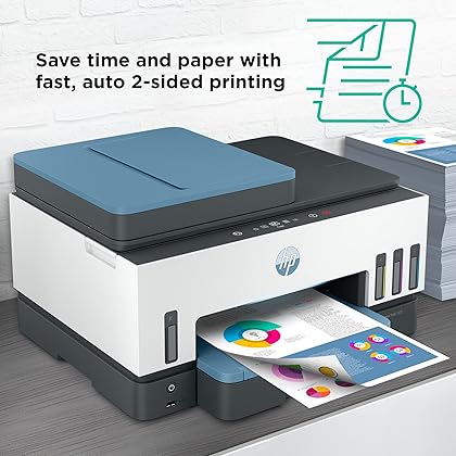 HP Smart -Tank 7602 Wireless All-in-One Cartridge-free Ink Printer, up to 2 years of ink included, mobile print, scan, copy, fax, auto doc feeder, featuring an app-like magic touch panel (28B98A),Blue