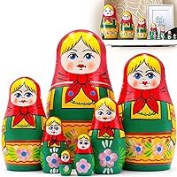 AEVVV Russian Nesting Dolls Set of 7 pcs - Russian Matryoshka Doll in Hand Painted Red Head Scarf and Green Sundress - Handmade Russian Dolls Nesting Dolls
