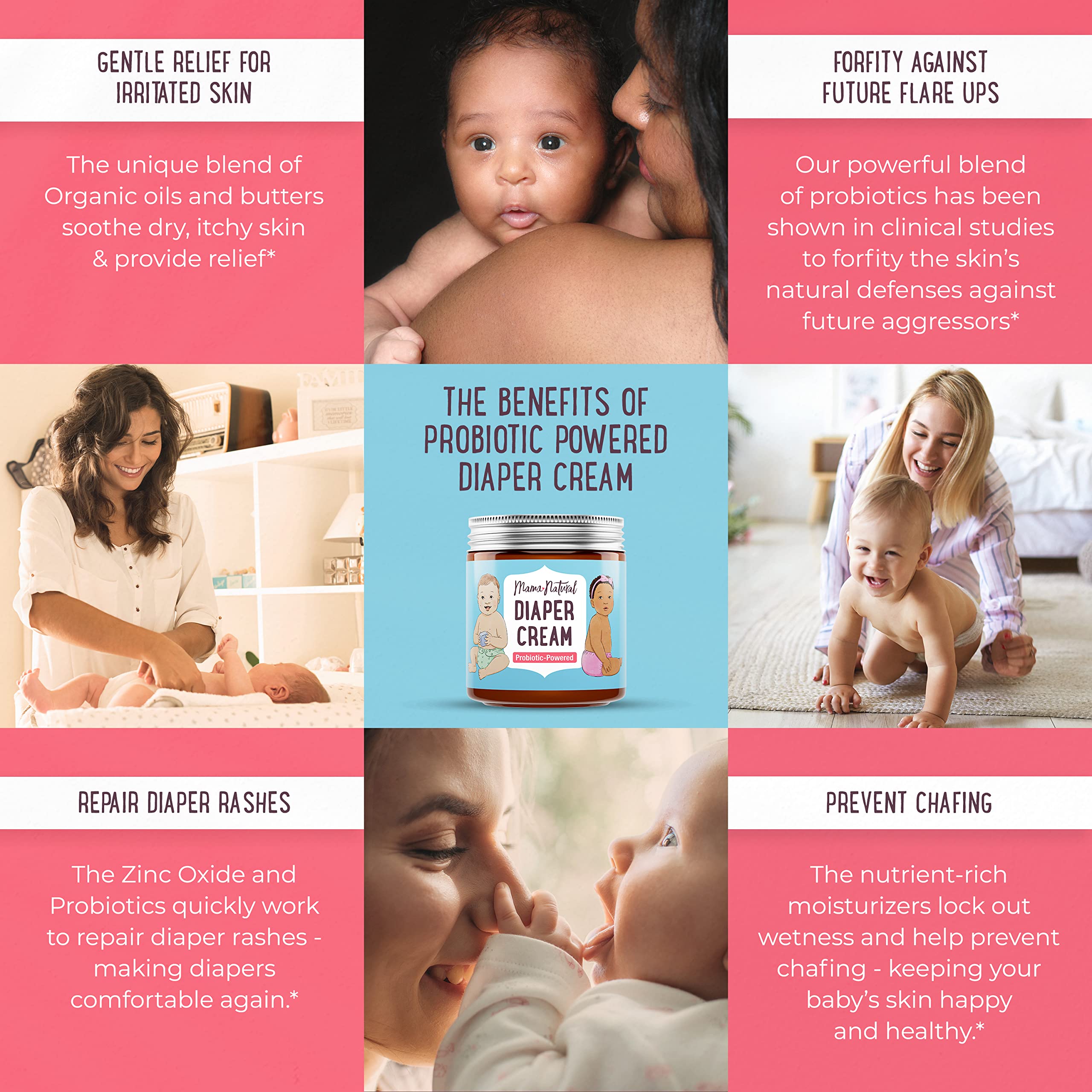 Mama Natural Diaper Rash Cream For Baby (4 Oz) - Probiotic Powered with 100% Organic Calendula, Coconut Oil & Zinc | Healing Ointment & Extreme Diaper Rash Treatment Baby Butt Cream