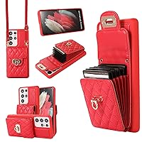 XYX Wallet Case for Samsung S21 Ultra, Crossbody Strap PU Leather Accordion Organizer Card Holder Protective Case with Adjustable Lanyard for Galaxy S21 Ultra 5G, Red