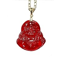 Happy Laughing Buddha Red Jade Pendant Necklace Figaro Gold Chain Genuine Certified Grade A Jadeite Jade Hand Crafted, Jade Necklace, 14k Gold Filled Laughing Jade Buddha necklace, Jade Medallion