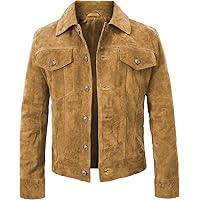 LP-FACON Mens Trucker Suede Leather Jacket - Western Style Cowboy Leather Jacket Brown/Black