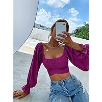 Women's Shirts Women's Tops Shirts for Women Square Neck Flounce Sleeve Tie Back Crop Milkmaid Blouse (Color : Red Violet, Size : Small)