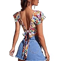 WDIRARA Women's 2023 Floral Print Square Neck Cap Sleeve Tie Backless Summer Crop Top Blouse Shirt
