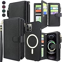 Harryshell Detachable Magnetic Case Wallet for iPhone 12 Pro Max Compatible with MagSafe Wireless Charging Protective Phone Cover Multi Card Slots Cash Coin Zipper Pocket Wrist Strap (Black)