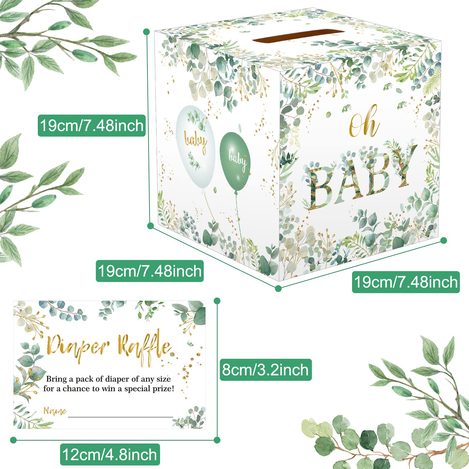50 Pieces Greenery Diaper Raffle Tickets with Baby Shower Holder Box Baby Party Decorations Favors Sign Box Insert Ticket Diaper Raffle Game Kit