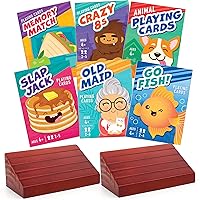 LotFancy Card Games for Kids, 6 Decks, 2 Wooden Card Holders, Include Go Fish, Old Maid, Crazy Eights, Memory Match, Slap Jack, Animal Playing Cards