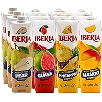 Iberia Fruit Nectars Variety Bundle, 33.8 fl oz (Pack of 12) 3 x Mango, 3 x Pineapple, 3 x Guava, 3 x Pear