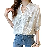 LAI MENG FIVE CATS Women's V Neck Lace Crochet See Through Floral Elegant Blouse Tops Shirts