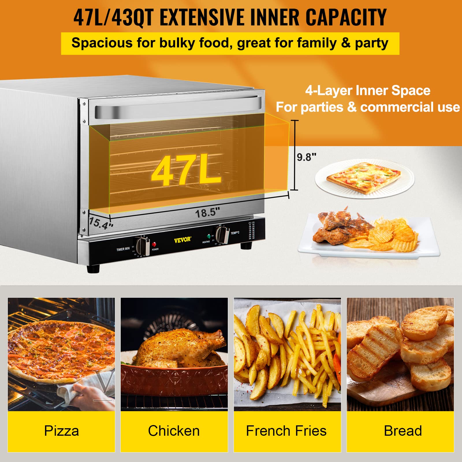 VEVOR Commercial Convection Oven, 47L/43Qt, Half-Size Conventional Oven Countertop, 1600W 4-Tier Toaster w/Front Glass Door, Electric Baking Oven w/Trays Wire Racks Clip Gloves, 120V
