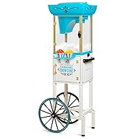 Snow Cone Shaved Ice Machine - Retro Cart Slushie Machine Makes 48 Icy Treats - Includes Metal Scoop, Storage Compartment, Wheels for Easy Mobility - White, Blue