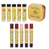 The Naked Bee Hand & Cuticle Healing Salve + Natural Lip Color - Lotus Flower, Heather Rose + Lip Balm Sampler, Coconut & Honey, Pomegranate & Honey