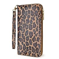Leopard Wallet-Wallet for Women with Credit Card Holder Money Pockets Wristlet Band Wallet Case Coin Money Clip Woman Purse with RFID Blocking Large Capacity with Zipper Cheetah Wallet