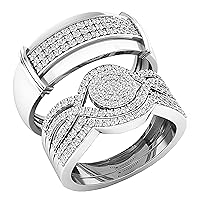 Dazzlingrock Collection Round White Diamond Cluster Criss Cross Matching Wedding Trio Ring Set for Him & Her (0.65 ctw, Color I-J, Clarity I2-I3) in 10K Gold