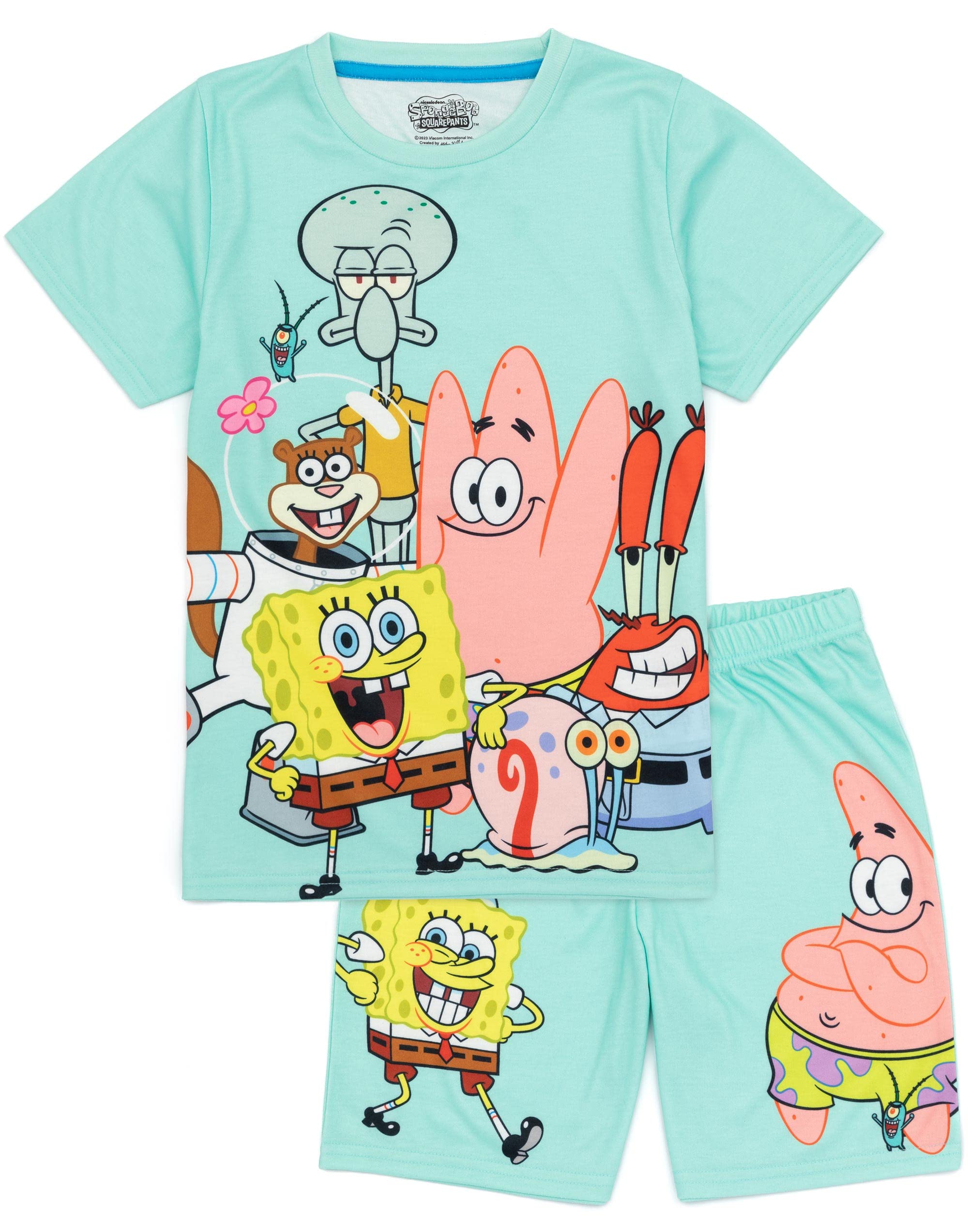 SpongeBob SquarePants Kids Pyjama Set | Boys & Girls Blue Short Sleeve T-Shirt & Shorts | Squidward Patrick Mr Krabs Gary PJs