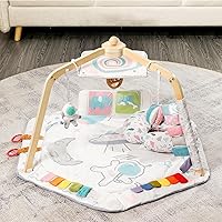 Baby Play Gym Wooden Baby Gym, Montessori Tummy Time Playmats with Natural Wooden Legs, Early Development Activity Gym, Newborn Gift for Infant to Toddler, 0-12 Months