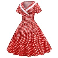 Womens Elegance Audrey Hepburn Style Polka Dot Short Sleeve Wrap A-line Dress 1950s Retro Cocktail Party Swing Dresses