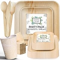Chic Leaf Party Supplies Tableware 340 Pcs Bulk Pack for 45 Guests - 100% Biodegradable Palm Leaf Disposable Dinnerware Set, Sturdy 10'' & 7'' Plates w/ 10 Oz Cups, Napkins, Forks, Knifes & Spoons