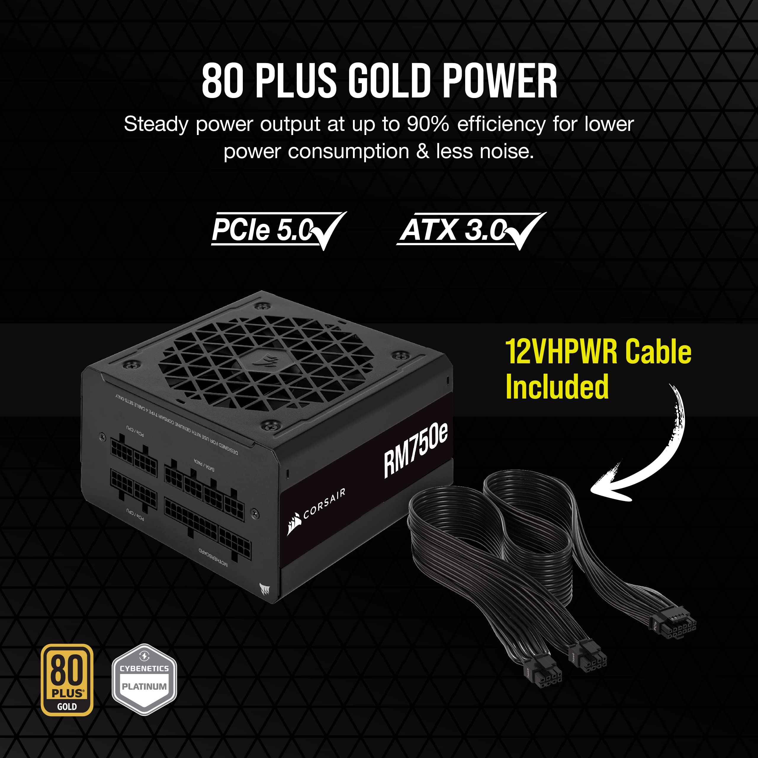 Corsair RM750e (2023) Fully Modular Low-Noise ATX Power Supply - ATX 3.0 & PCIe 5.0 Compliant - 105°C-Rated Capacitors - 80 Plus Gold Efficiency - Modern Standby Support - Black