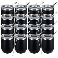 MEWAY 12oz Wine Tumbler 16 Pack Bulk Gifts for Women,Double Wall Vacuum Stainless Steel Travel Mug with Lid,Insulated Stemless Wine Cup Glass for Coffee,Cocktails,Drinks(Black,Set of 16)