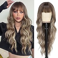 NAYOO Long Brown Wigs with Bangs for Women Curly Wavy Hair Wigs Heat Resistant Synthetic Fiber Wigs for Daily Party Use 26 Inches (Medium Brown Mixed Blonde)