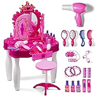 Play22 Pretend Play Girls Vanity Set with Mirror and Stool 21 PCS - Kids Makeup Vanity Table Set with Lights and Sounds - Includes Fashion Hair & Makeup Accessories, Blowdryer