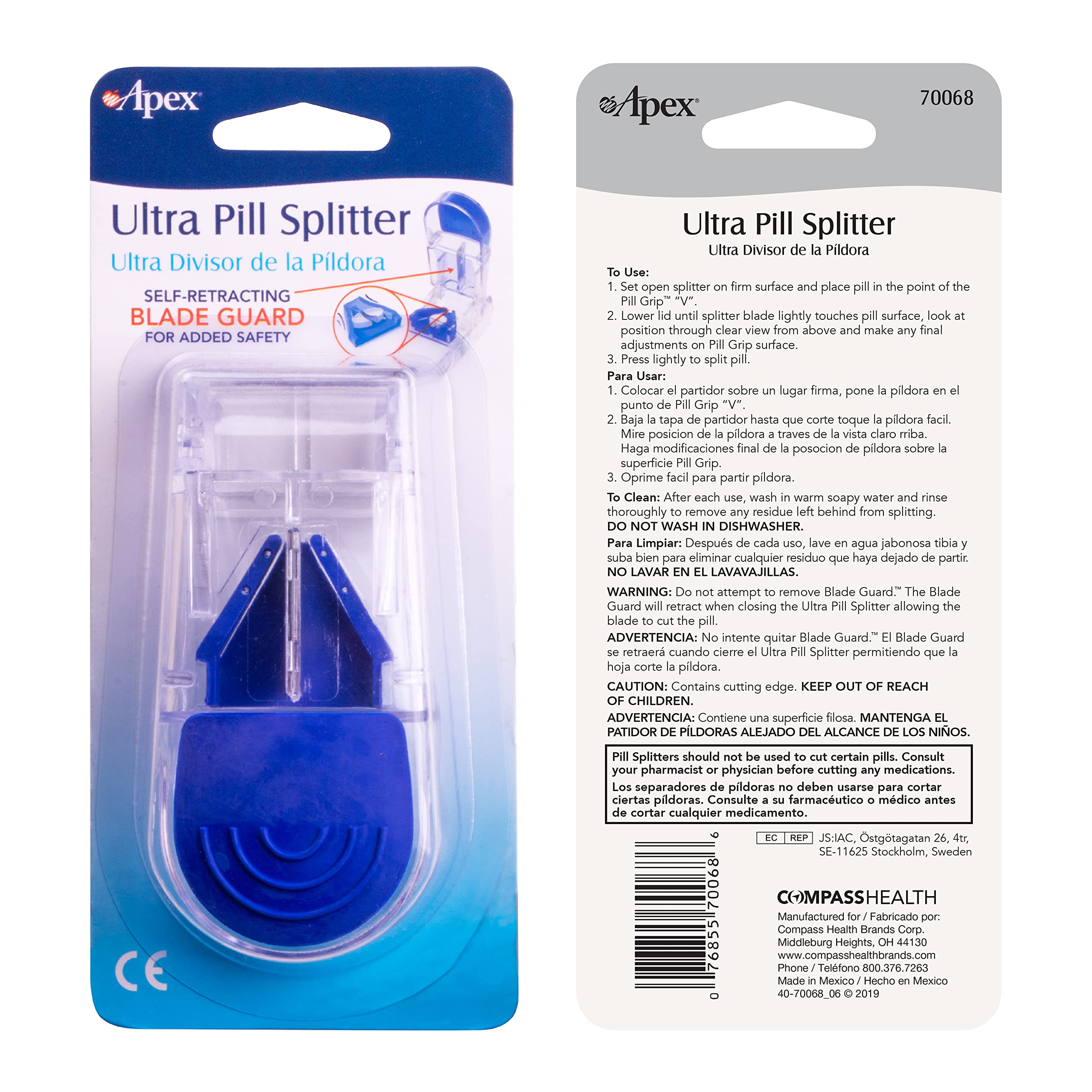 Apex Ultra Pill Cutter - Pill Splitter With Retracting Blade Guard - For Cutting Small Pills or Large Pills In Half, Blue/Green and Clear, 1 Count, Assorted Colors