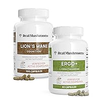 Real Mushrooms Ergothioneine (60ct) and Lions Mane (300ct) Bundle with Shiitake and Oyster Mushroom Extracts - Longevity and Cognition - Vegan, Gluten Free, Non-GMO - Natural Support for Healthy Aging