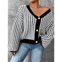 Plus Size Cardigan for Women Plus Houndstooth Pattern Drop Shoulder Fuzzy Cardigan Cardigan for Women (Color : Black and White, Size : XX-Large)