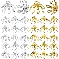 ANCIRS 100 Pack Flower Bead Caps Toppers for Jewelry Findings, 7 Prong Bell Bead Cap Bail End with Loops for DIY Craft Earrings Bracelets Necklaces Ornament Pendant- Gold & Silver