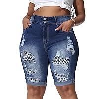 Gboomo Womens Plus Size Jean Shorts High Waisted Ripped Bermuda Denim Shorts Distressed Rolled Hem Short Jeans