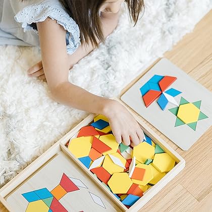 Melissa & Doug Pattern Blocks and Boards - Wooden Classic Toy With 120 Solid Wood Shapes and 5 Double-Sided Panels, Multi-colored - STEAM Animals, Tangrams Puzzle For Kids Ages 3+