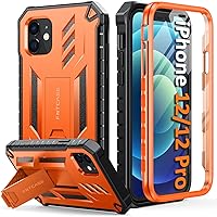 FNTCASE for iPhone 12 Phone Case: for iPhone 12 Pro Phone Case Military Grade Drop Proof Rugged Protective Cover with Kickstand | Matte Textured Shockproof TPU Hybrid Bumper Cases 6.1 inch - Orange