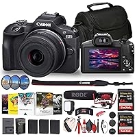 Canon EOS R100 Mirrorless Camera with 18-45mm Lens (6052C012) + Rode Mic + Filter Kit + Corel Software + Bag + 2 x 64GB Card + 2 x LPE17 Battery + Charger + LED Light + Card Reader + More (Renewed)