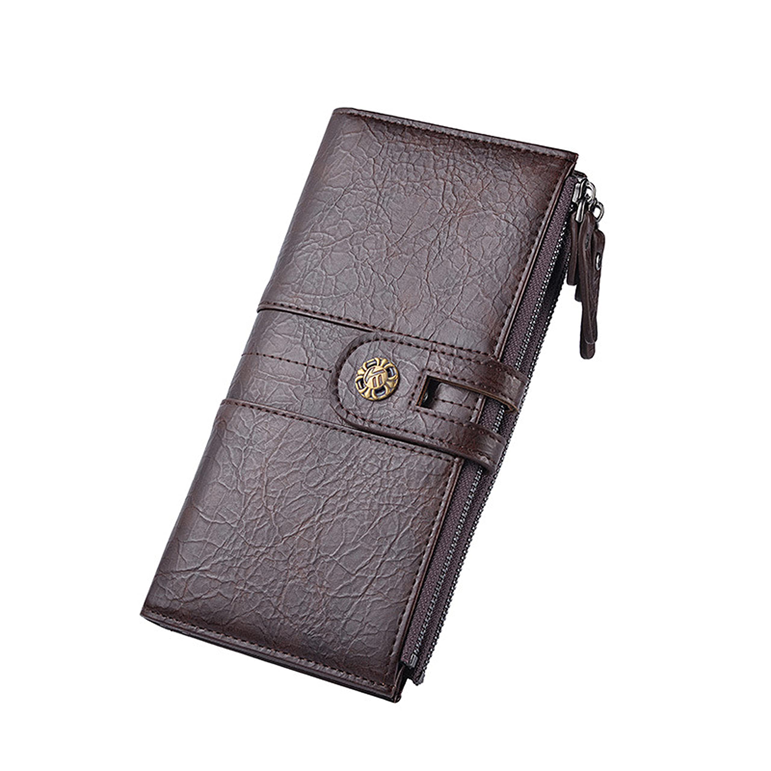 Mokoze Men Leather Long Bifold Wallet Purse Retro Cash Cluth Double Zip Snap Credit Card Case( Light Brown)