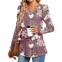 Anydeer Women Tunic Puff Long Sleeve Tops Casual T-Shirt Fall Pleated Pleat Patchwork Blouses