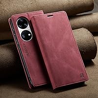 Phone Flip Wallet Case Wallet Case for Huawei P50 PRO,Retro Real Cowhide Leather Folio Flip Wallet Magnetic Slim Phone Cover|Card Holder, Anti-Drop,Full Protection (Color : Red)
