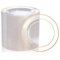 FOCUSLINE 100 Count Clear Gold Plastic Plates 7 Inch, Disposable Heavy Duty Clear Plates with Gold Rim, Premium Hard Plastic Plates Fancy Disposable Clear Salad Plates for Wedding Parties