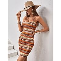 Dresses for Women Geo Print Tie Backless Halter Neck Bodycon Dress (Color : Multicolor, Size : Small)