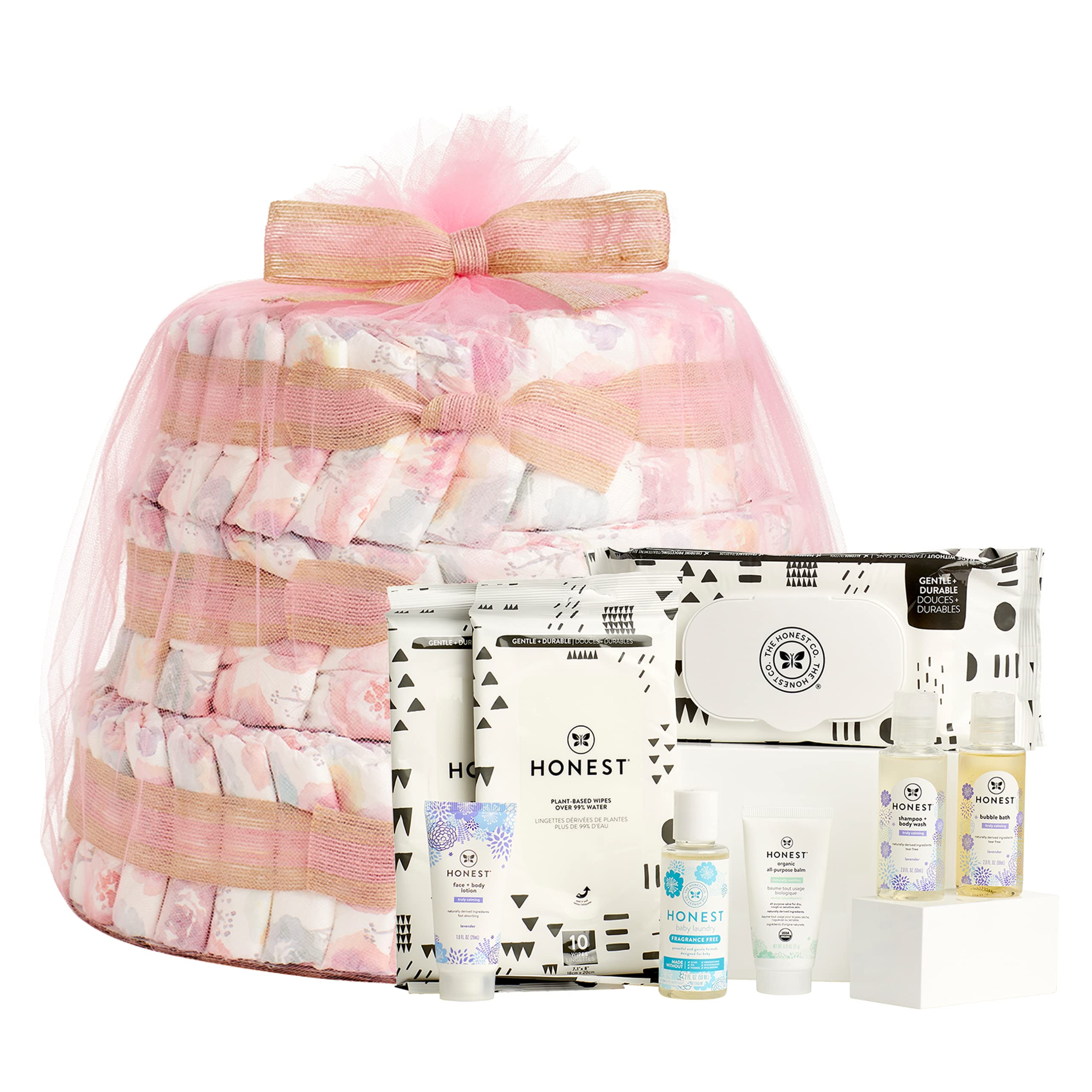 The Honest Company Deluxe Diaper Cake | Clean Conscious Diapers, Baby Personal Care, Plant-Based Wipes | Rose Blossom | Deluxe, Size 1 (8-14 lbs), 70 Count